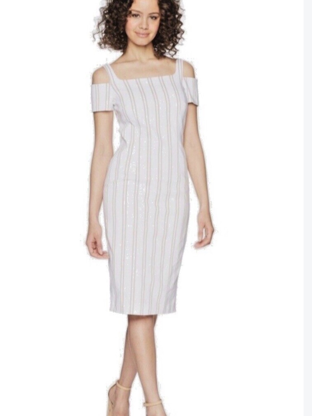 Calvin Klein White Cold-Shoulder Midi Dress with Subtle Metallic Stripes